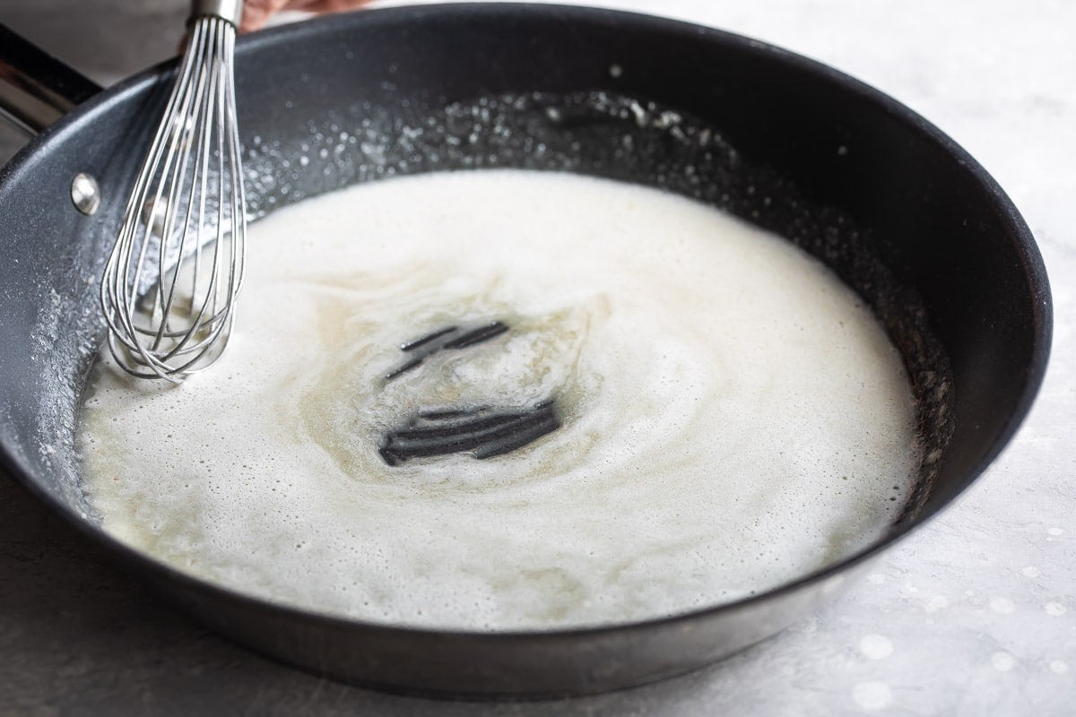 Roux cooking in pan.
