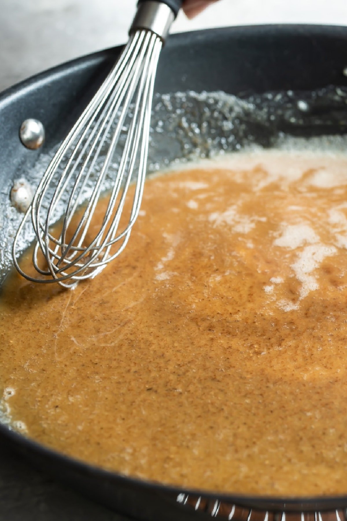 Roux cooking in pan.