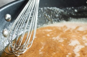 Roux cooking in pan.