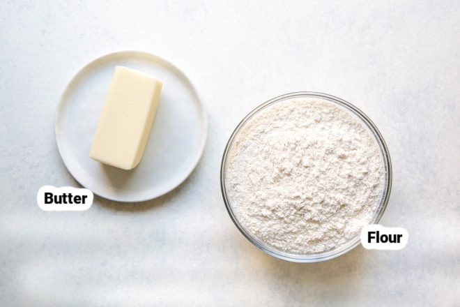 Butter and flour in bowls, labeled.
