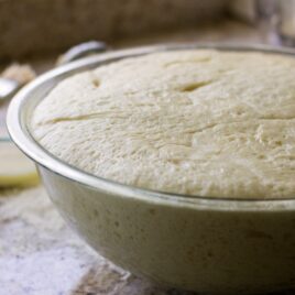 Dough in a bowl after proofing.
