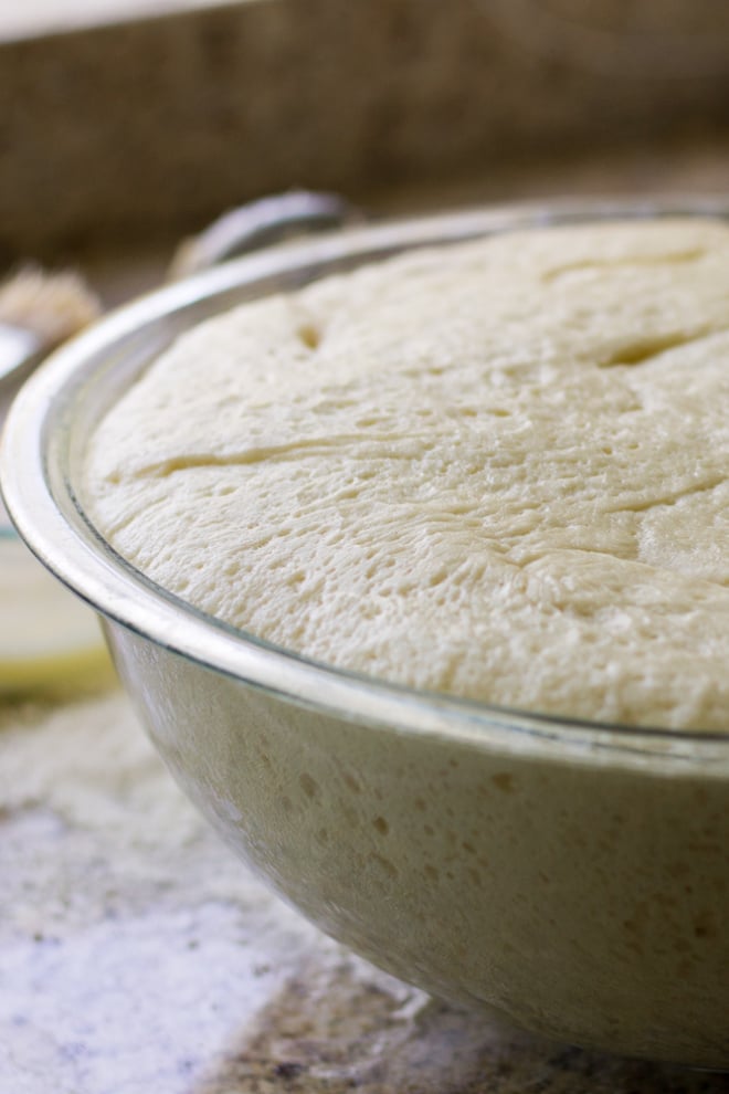 Dough in a bowl after proofing.