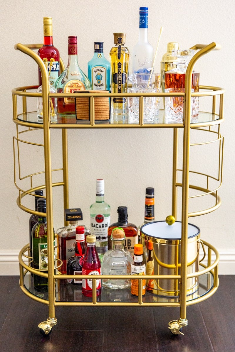 A stocked bar cart.