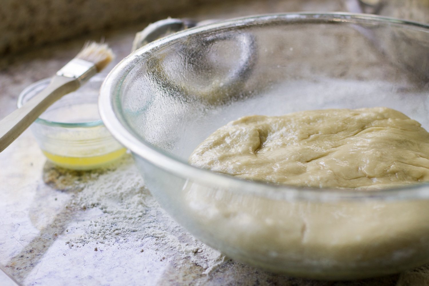 Dough in a bowl before proofing.