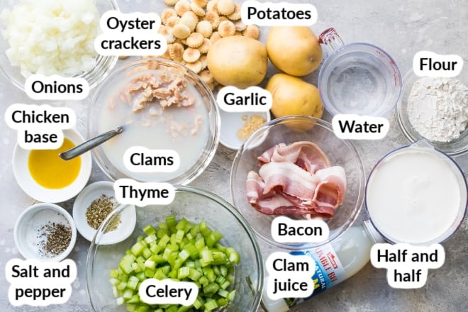 Labeled New England clam chowder ingredients in various bowls.
