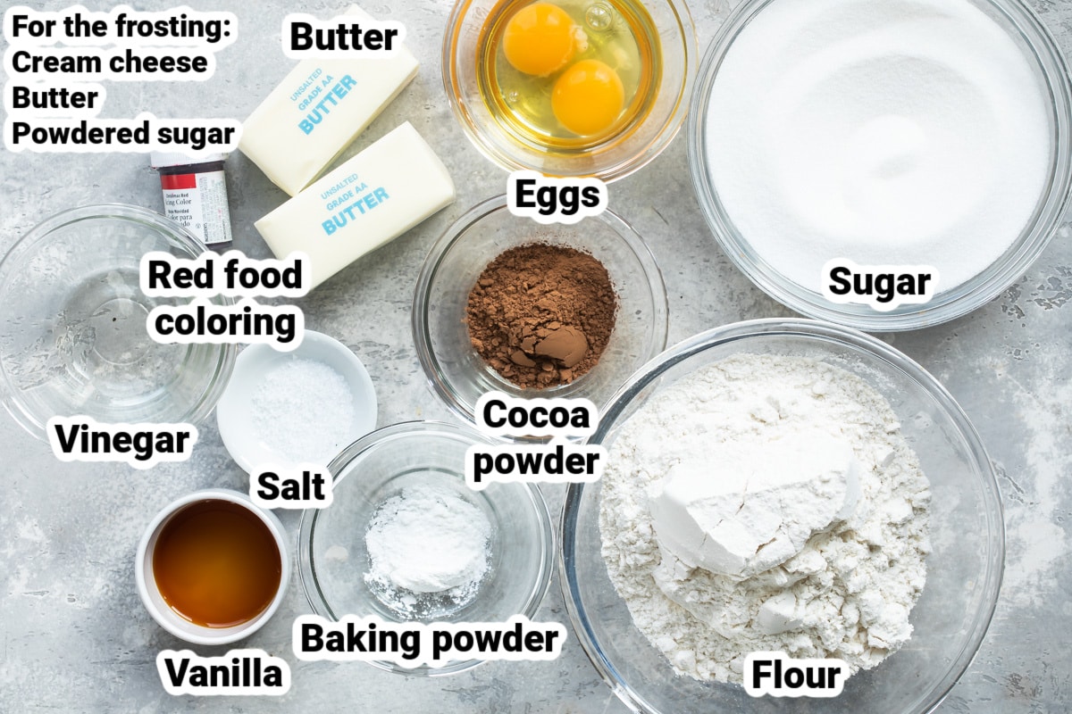 Labeled ingredients for red velvet cookies.