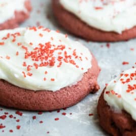 Red velvet cookies on a countertop.