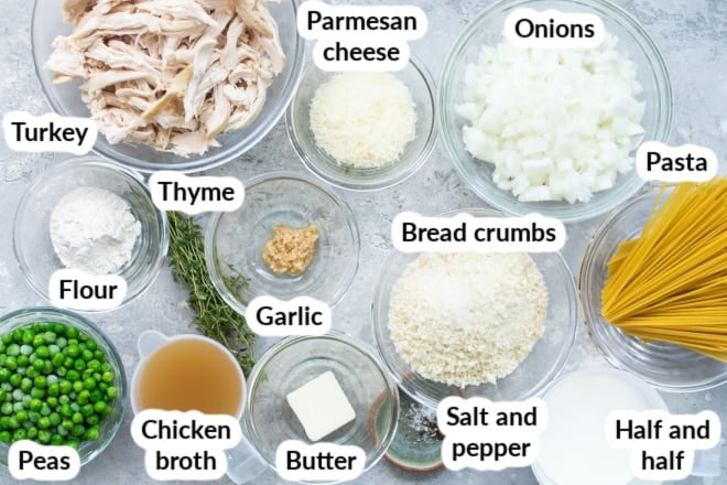 Labeled turkey tetrazzini ingredients in various bowls.