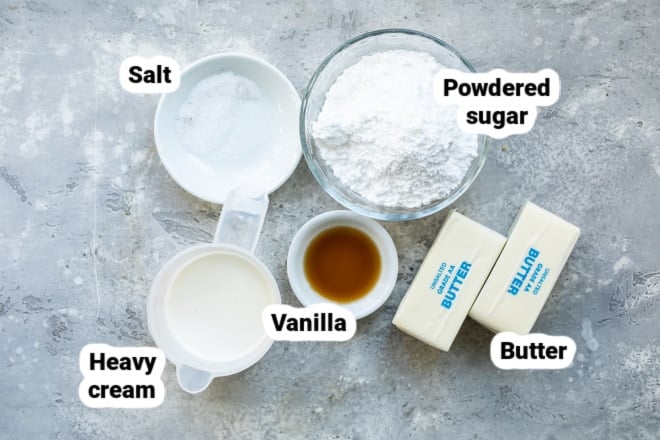 Buttercream frosting ingredients in bowls, labeled.