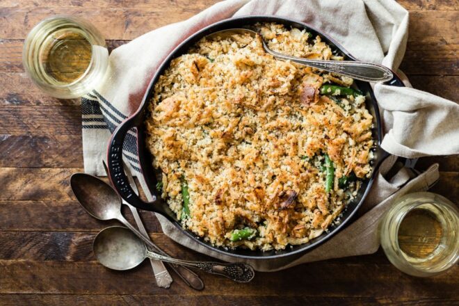 Green bean casserole in a baking dish.