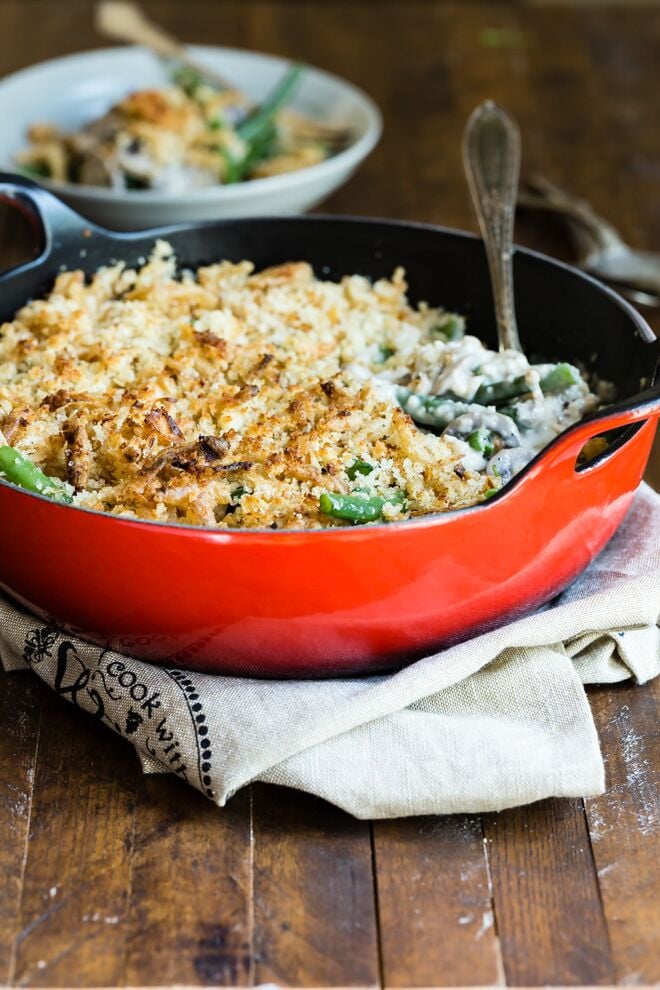Green bean casserole in a baking dish.