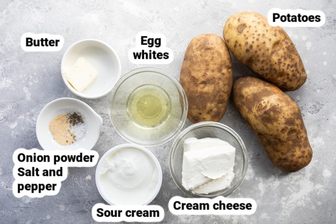 Labeled make ahead mashed potato ingredients in various bowls.