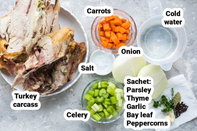 Turkey broth ingredients labeled in bowls.