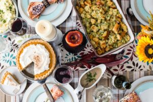 A make ahead Thanksgiving feast on a table.