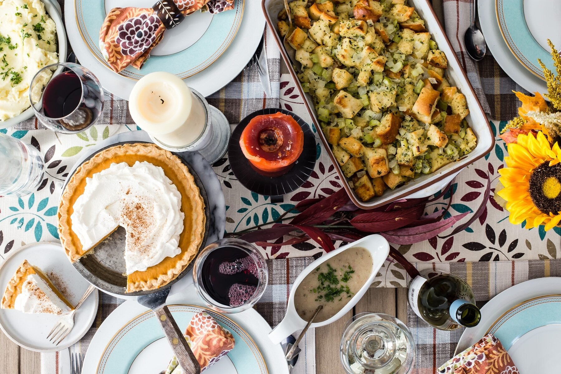 A make ahead Thanksgiving feast on a table.