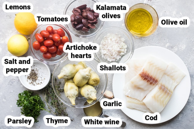 Labeled baked cod ingredients in various bowls.