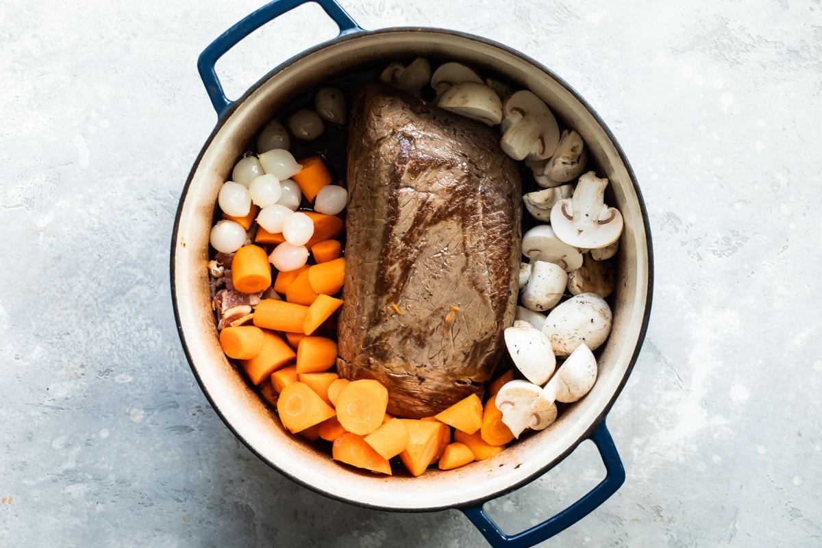 Beef Bourguignon in a pot.