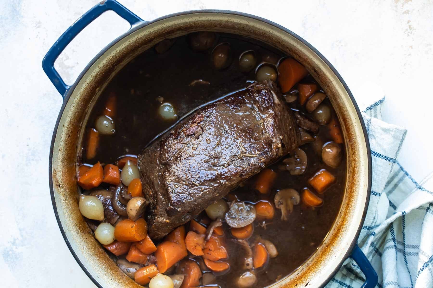 Beef Bourguignon in a pot.