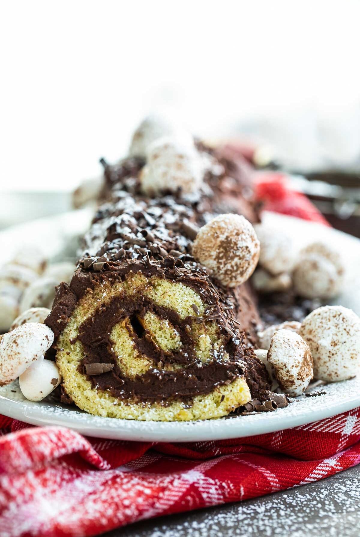 A Buche de Noel (yule log cake) on a platter.