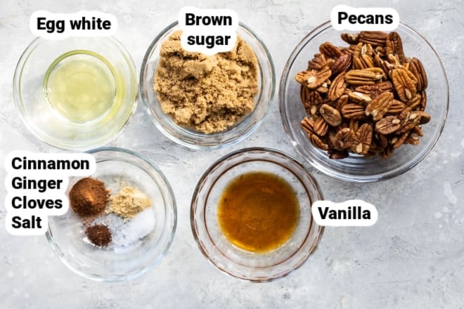 Candied pecan ingredients labeled in bowls.