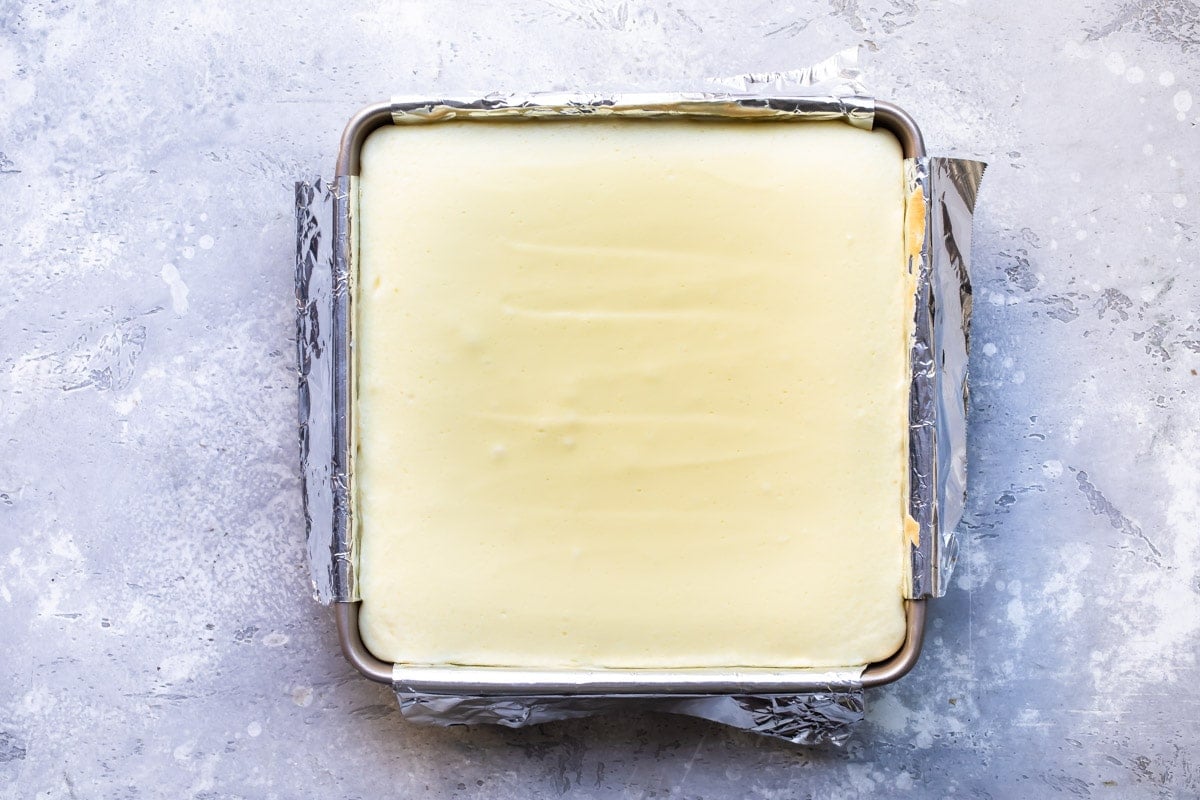 Cheesecake bars after baking.