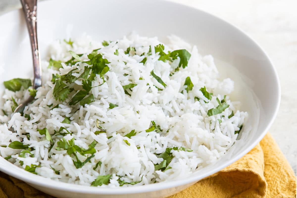 Chipotle Lime Rice in a white bowl.