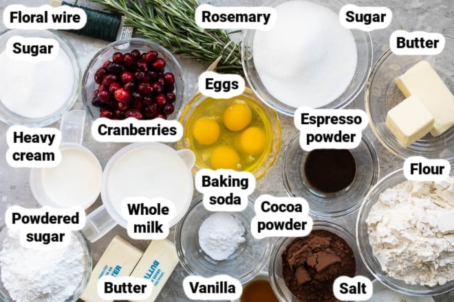 Labeled cranberry wreath cake ingredients in various bowls.