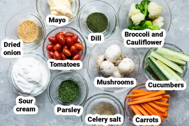 Dill dip and vegetable ingredients.