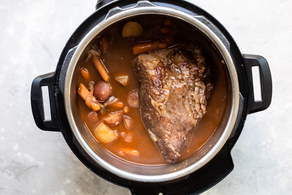 Cooked pot roast in an instant pot.