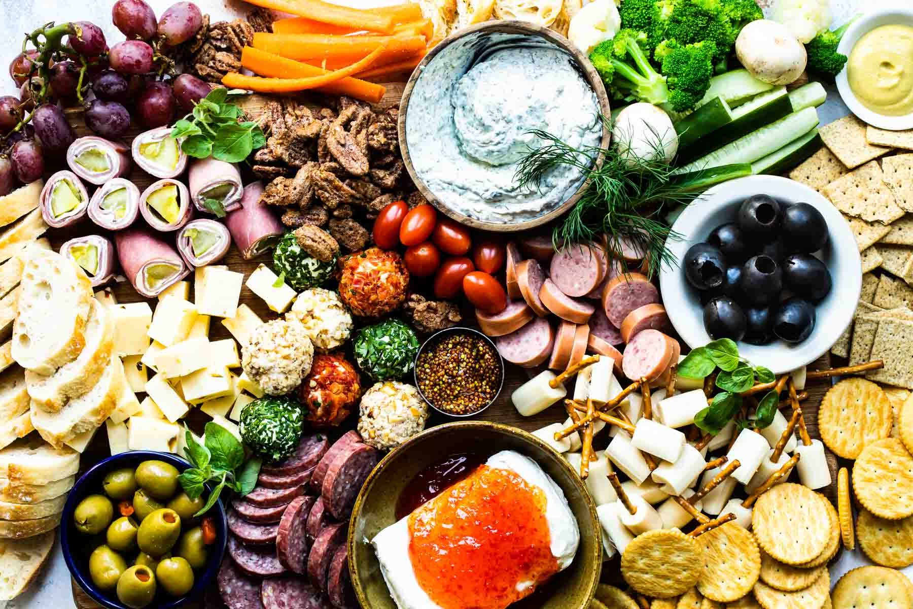 Selections of Midwestern snacks on a Midwest Charcuterie Board.