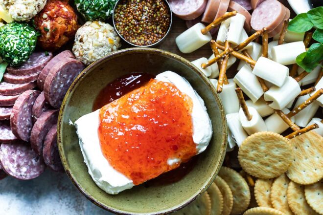 Selections of Midwestern snacks on a Midwest Charcuterie Board.