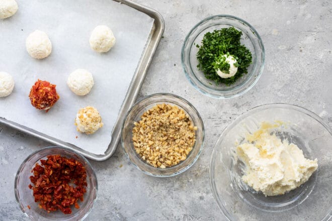 Mini cheese balls being assembled.