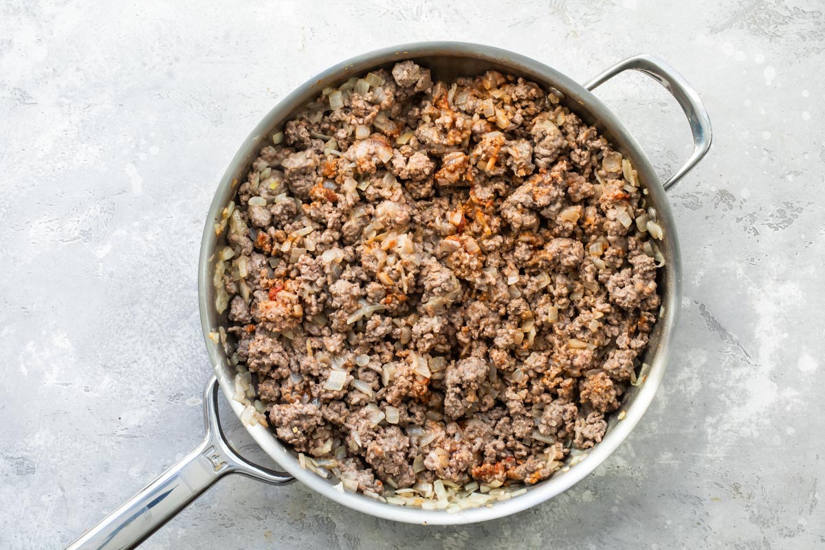 Shepherd's Pie filling in a saucepan.