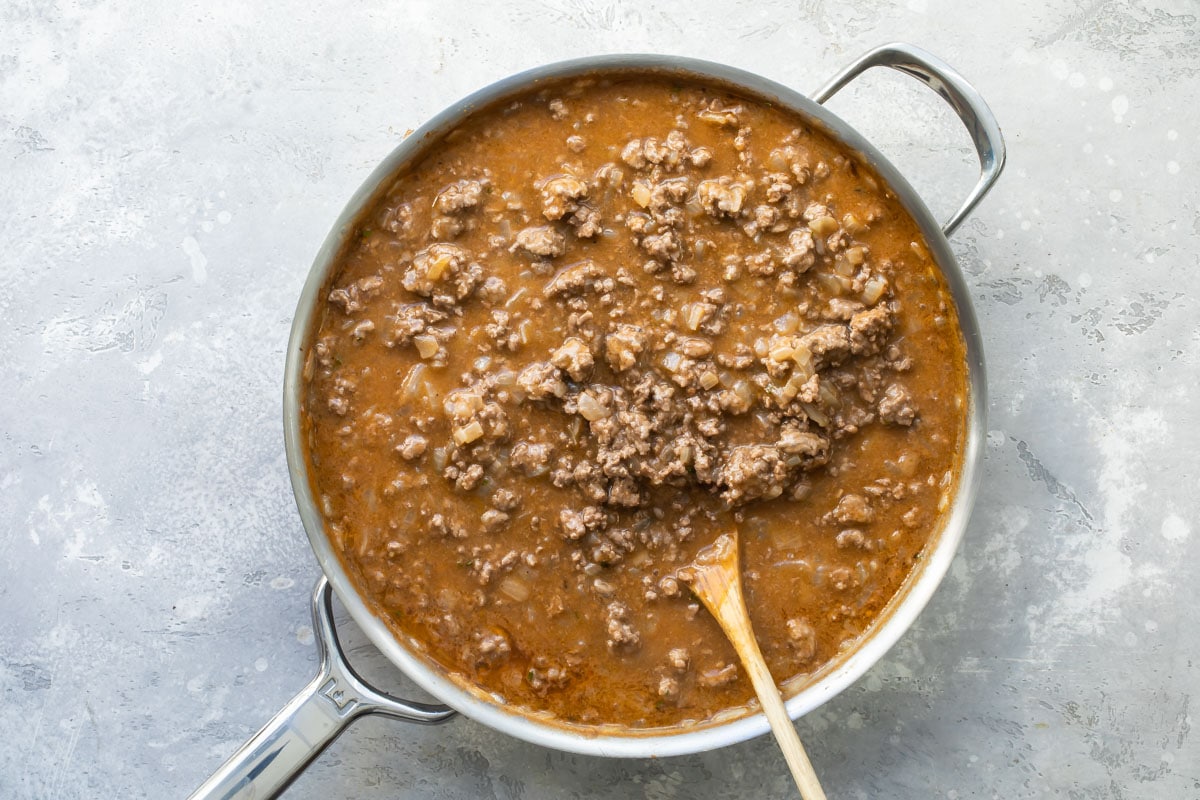 Shepherd's Pie filling in a saucepan.
