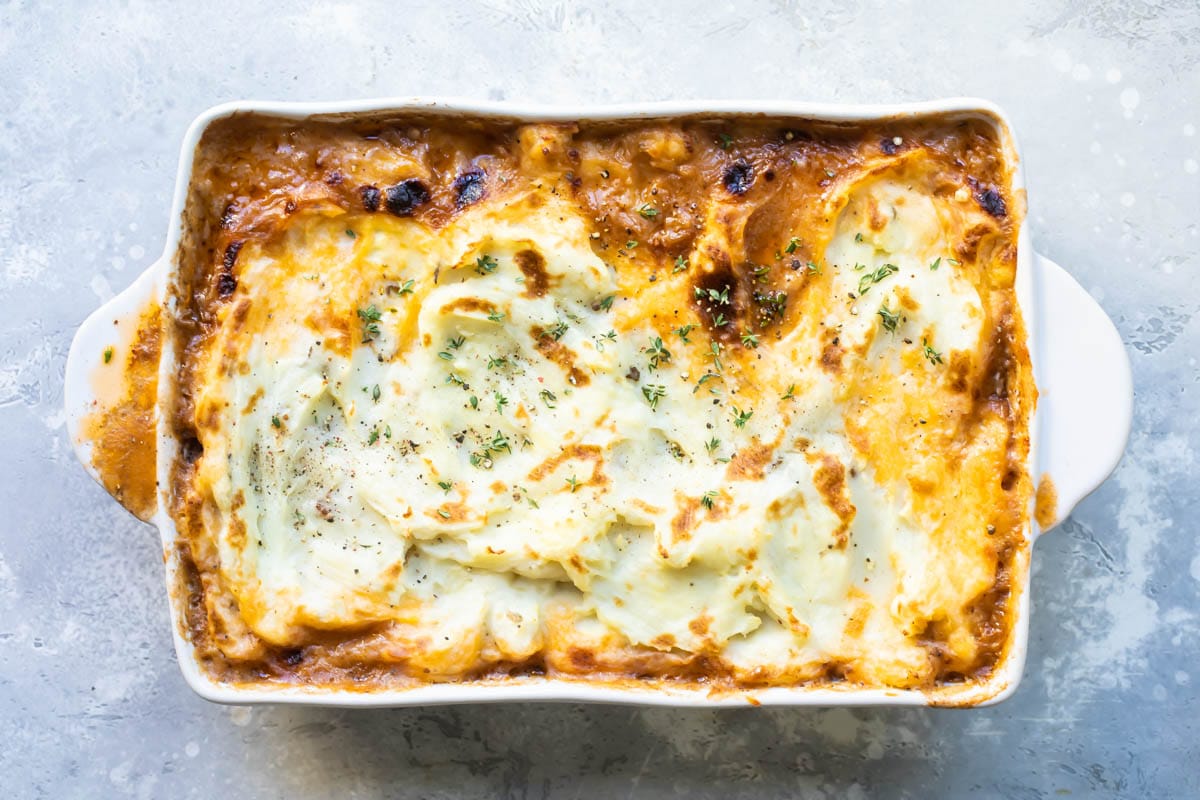 A baking dish full of Shepherd's Pie.