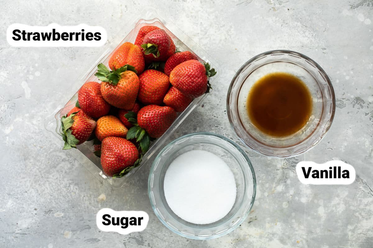 Ingredients to make strawberry topping for cheesecake.