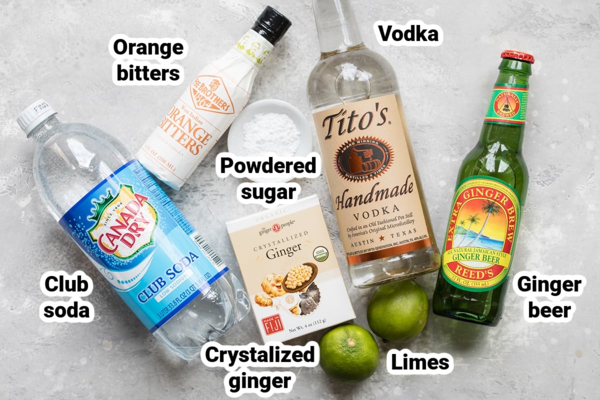Labeled ingredients for the best Moscow Mule.