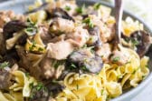 Chicken and mushroom stroganoff in a blue bowl.
