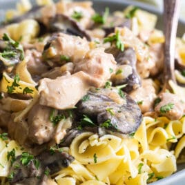 Chicken and mushroom stroganoff in a blue bowl.