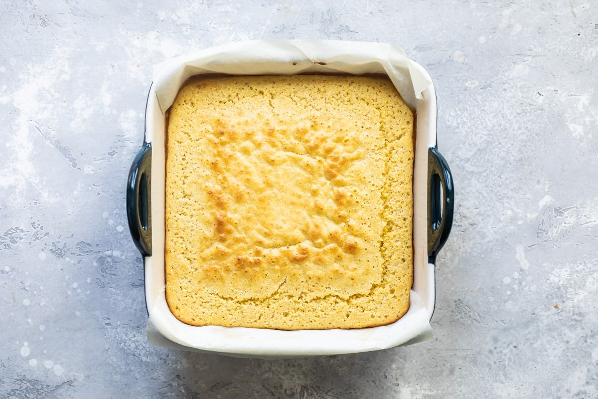 Baked cornbread in a pan.