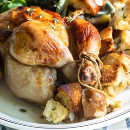 A whole Cornish hen on a gray plate with stuffing.