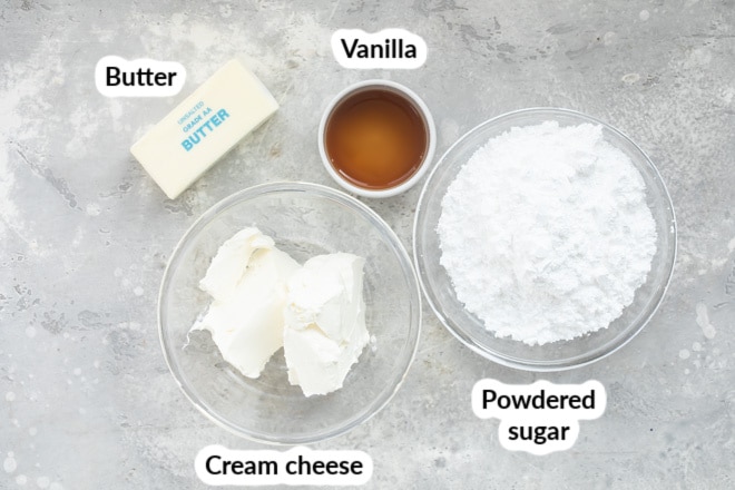Labeled ingredients for cream cheese frosting.