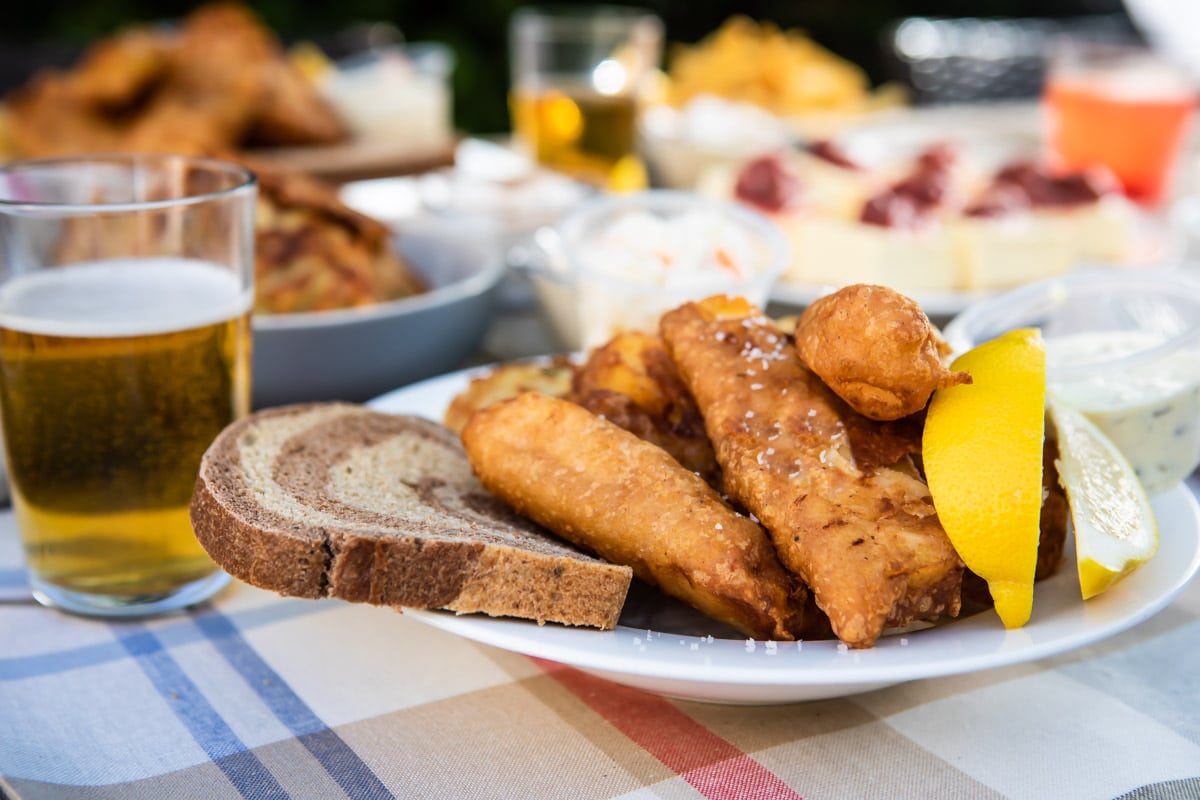 Plated fish fry on a table.