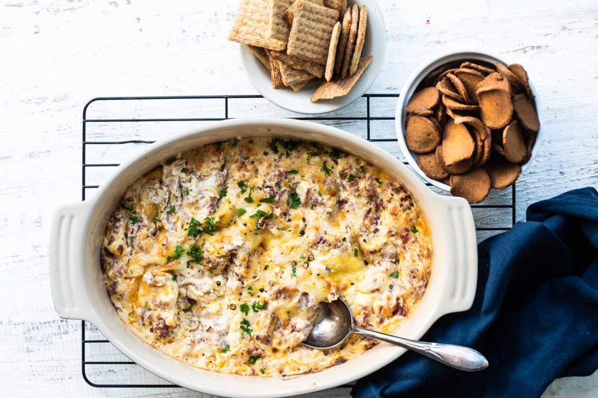 Hot reuben dip in a baking dish.