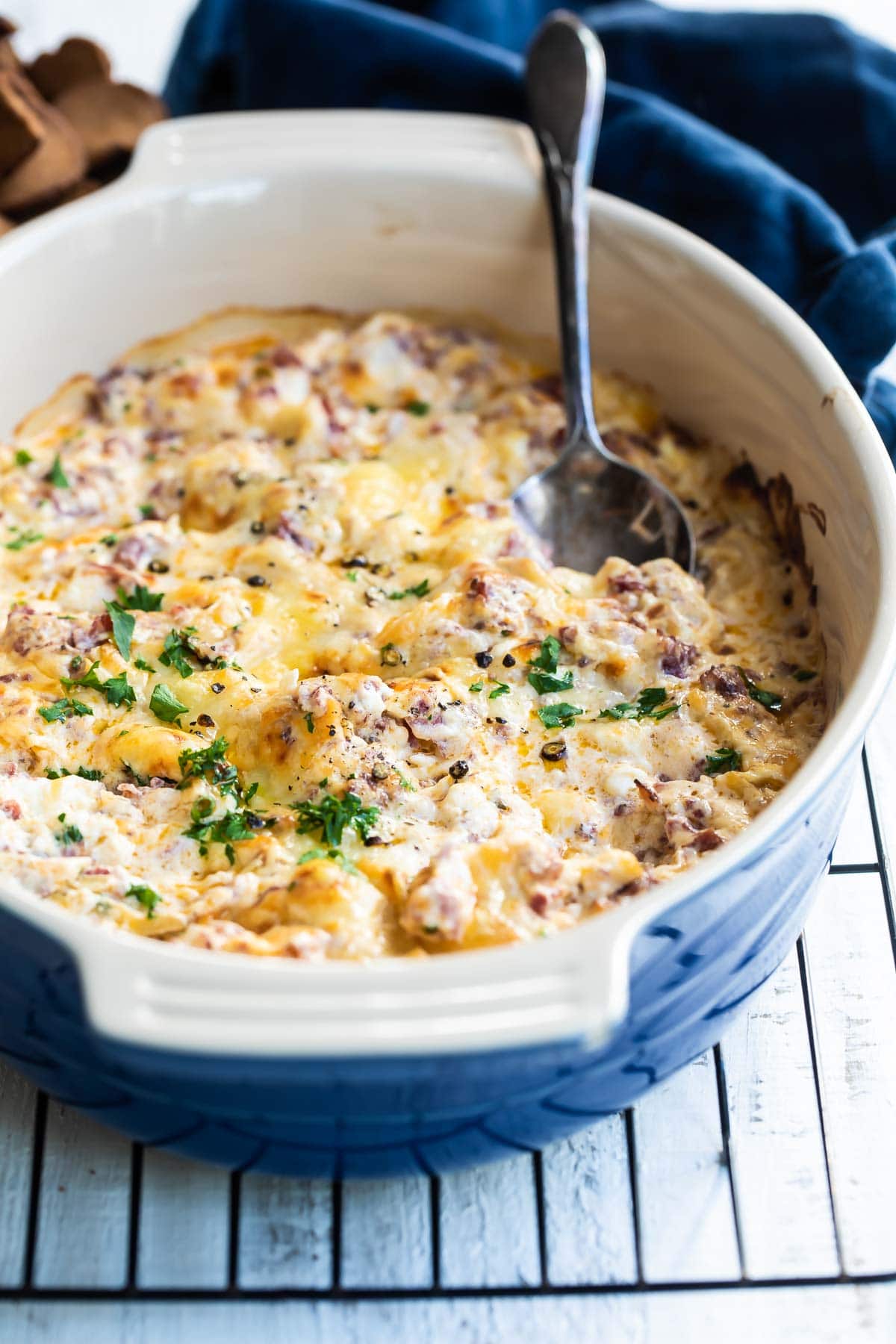 Hot reuben dip in a baking dish.
