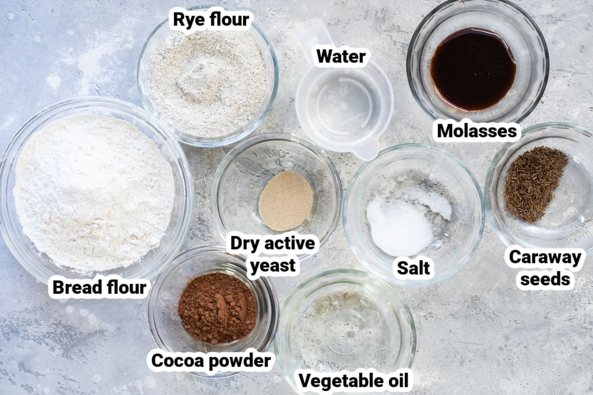Labeled ingredients for Marble Rye Bread.