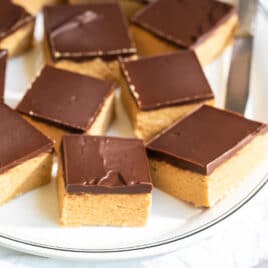 A plate of cut no-bake peanut butter bars.