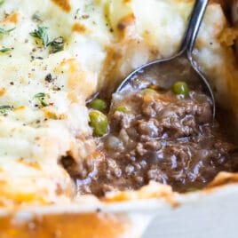 A baking dish full of Shepherd's Pie.