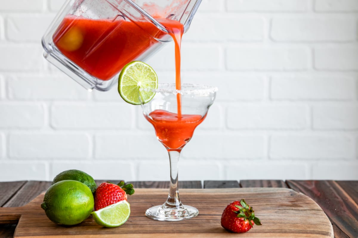 A strawberry margarita on the rocks.