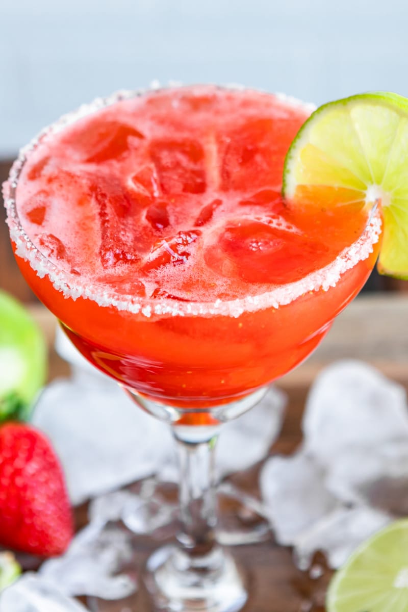 A strawberry margarita on the rocks.